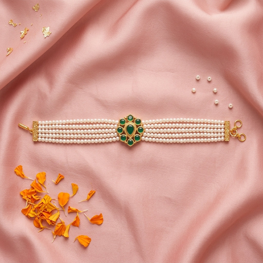 Green Pearl Ornate Cluster Bracelet - Tabletop