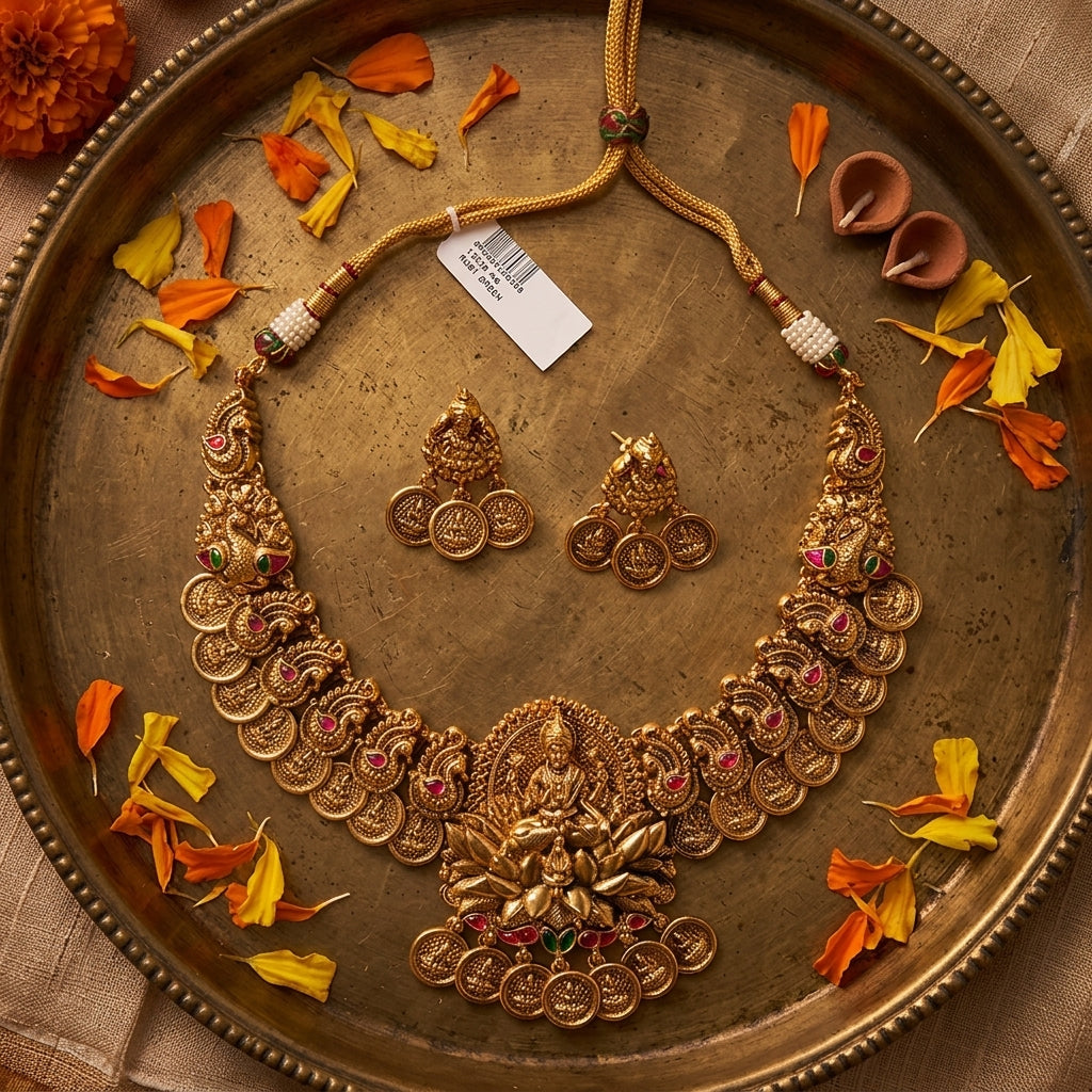 Ruby and Green Temple Lakshmi Peacock Necklace Set - Tabletop