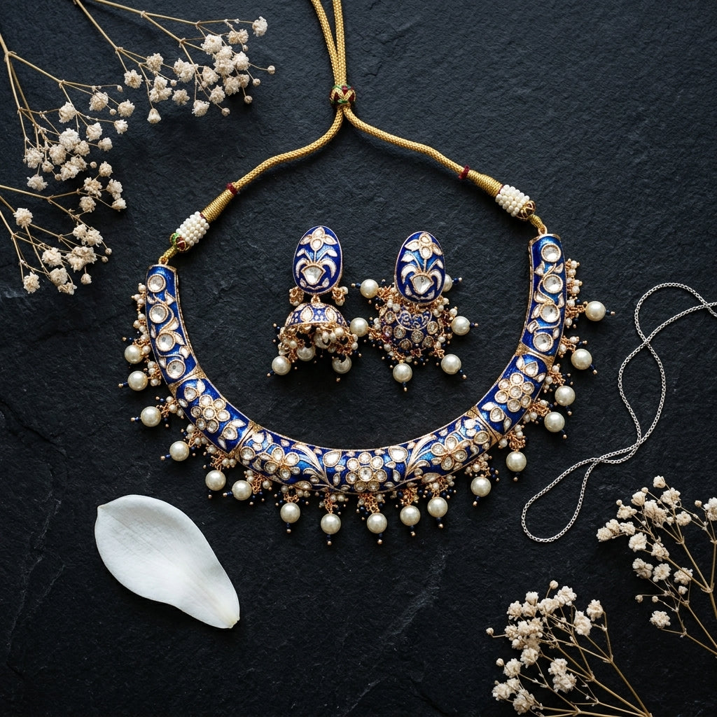 Gold Kundan Necklace Set - Tabletop