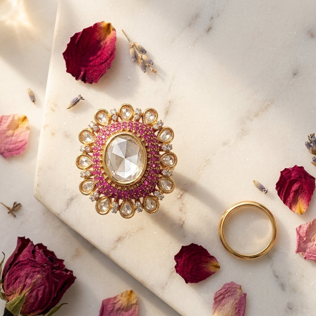 White and Ruby Floral Cluster Ring - Tabletop