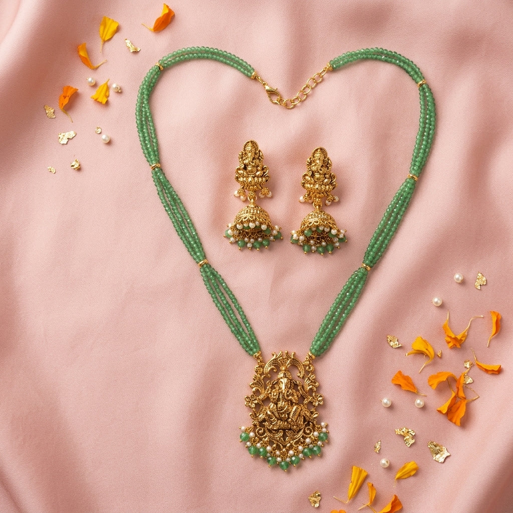 Green and White Temple Deity Necklace Set - Tabletop
