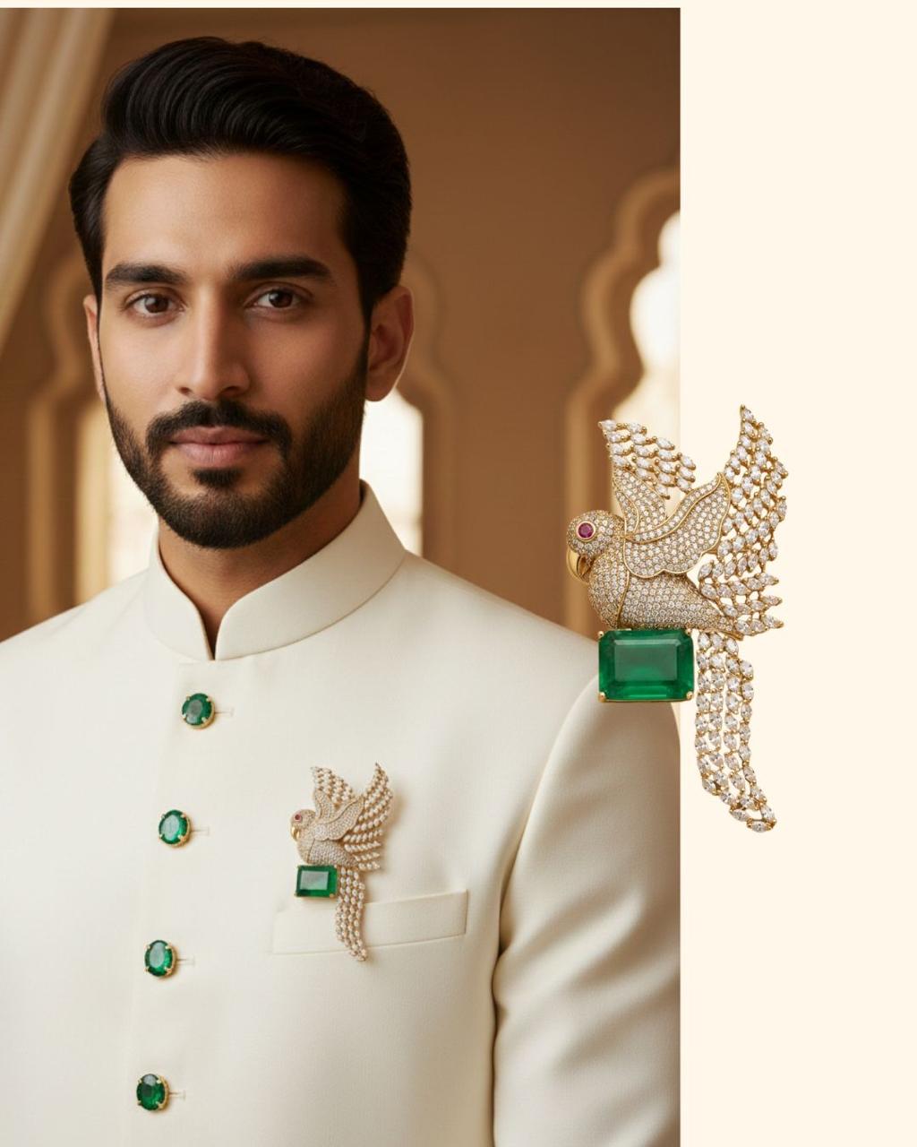 Green Parrot Emerald Brooch - Tabletop