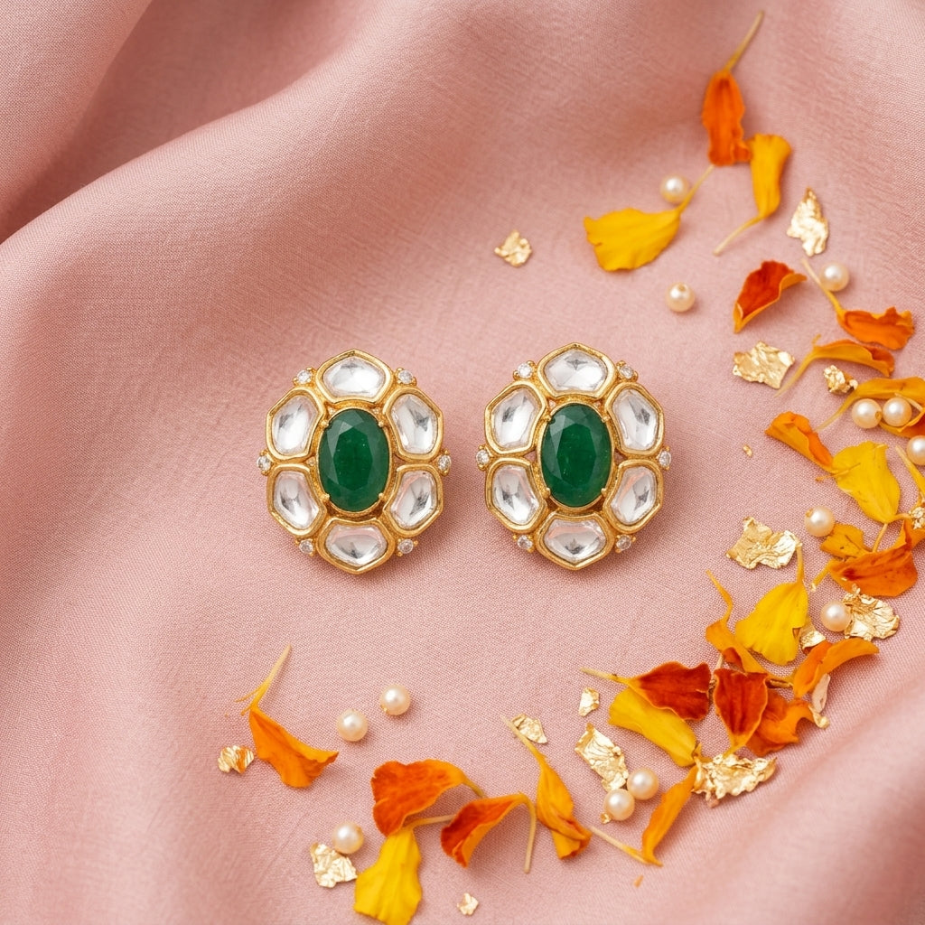 Green White Heritage Kundan Studs Earring - Tabletop