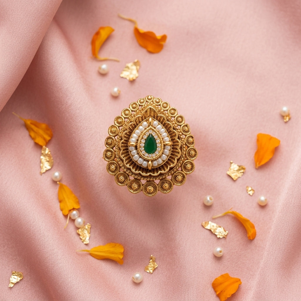 Green and White Teardrop Filigree Ring - Tabletop