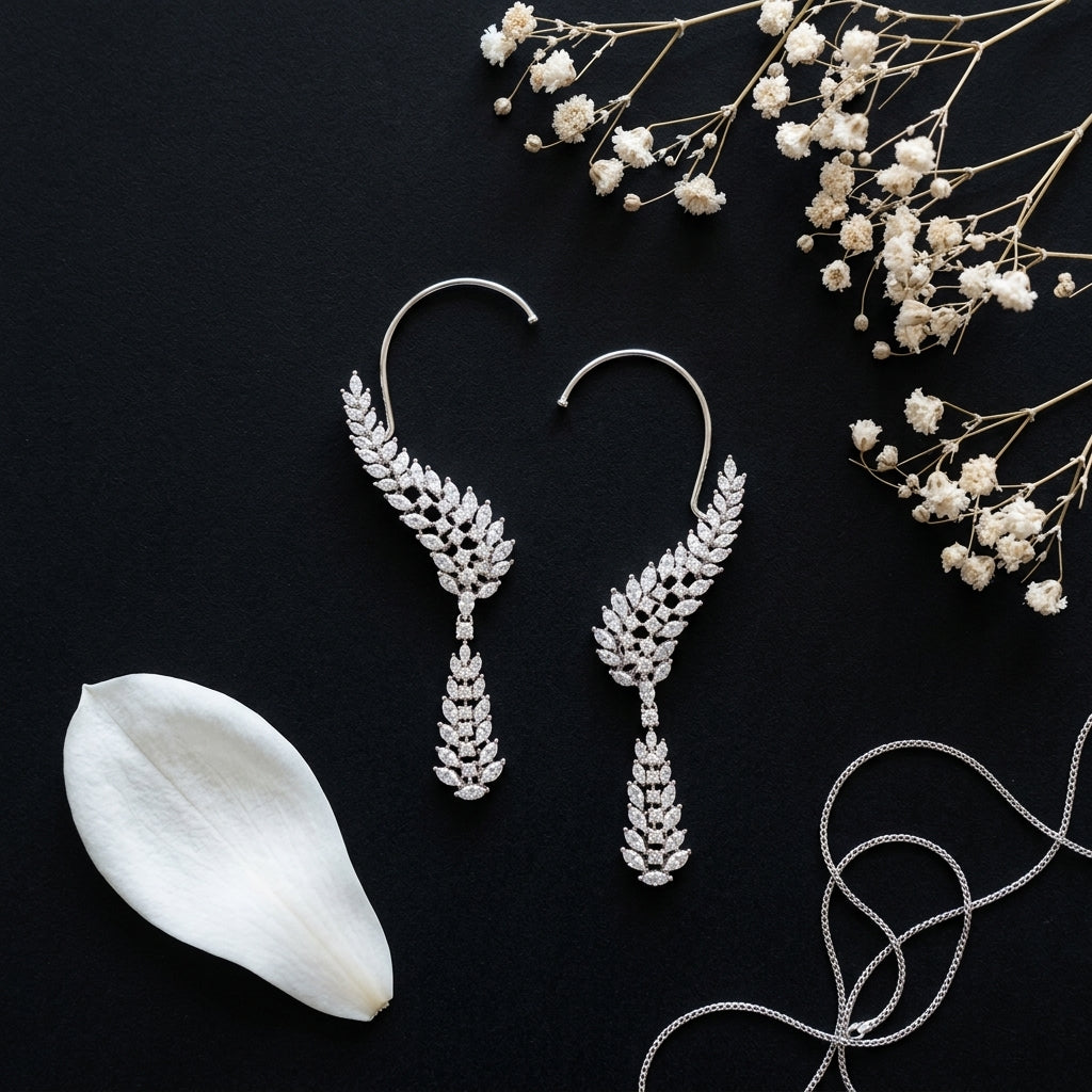 White Leaf Cluster Earcuff Earrings - Tabletop