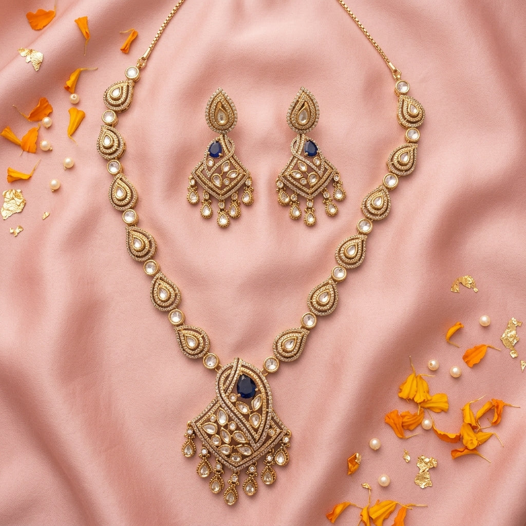 Blue White Ornate Cluster Necklace Set - Tabletop