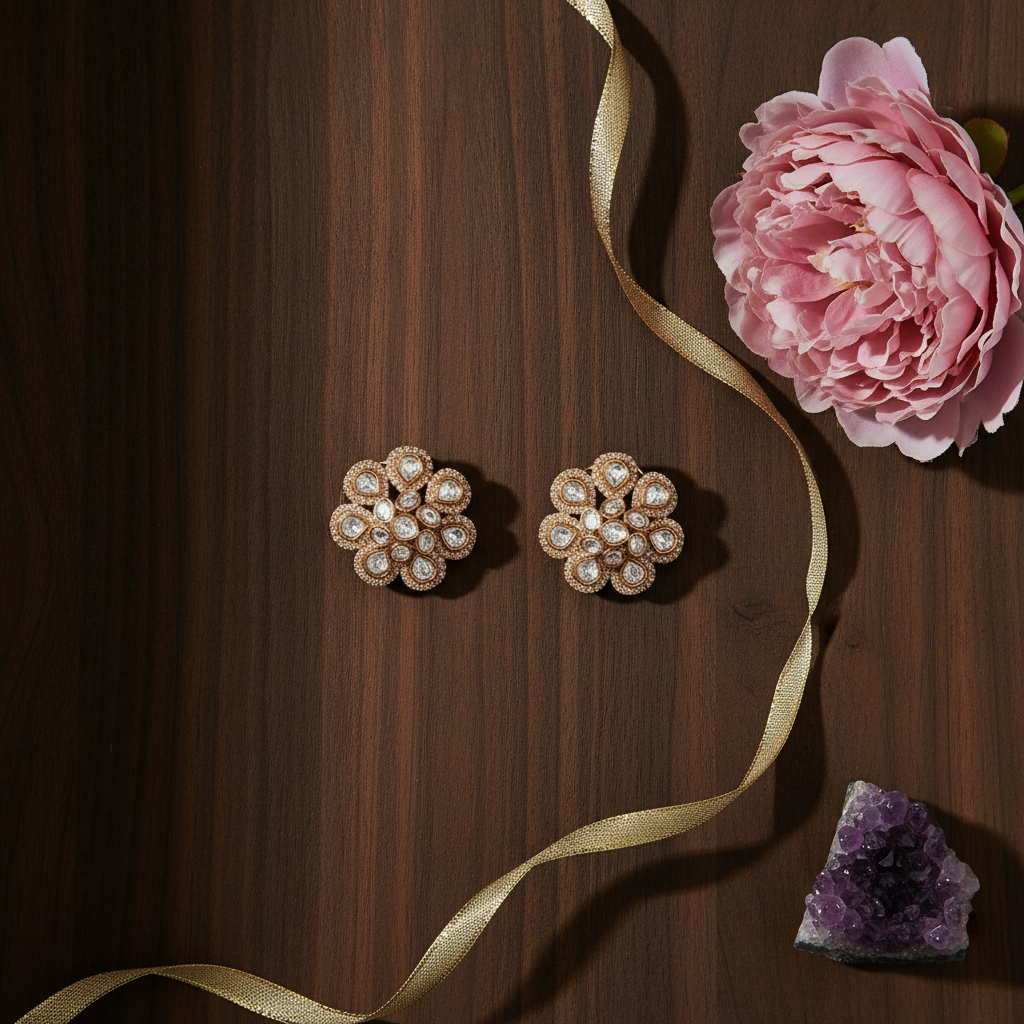White Floral Kundan Earrings - Tabletop