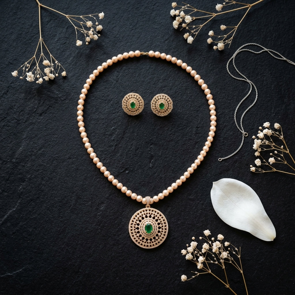 Pearl with Green stone Floral Necklace Set - Tabletop
