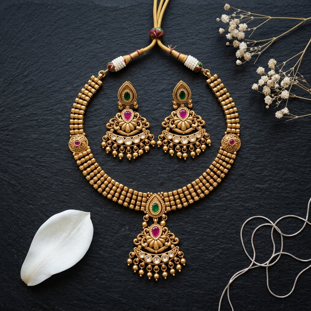 Ruby Green Textured Motif Necklace Set - Tabletop