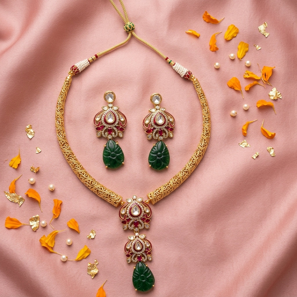 Red and Green Floral Carved Necklace Set - Tabletop