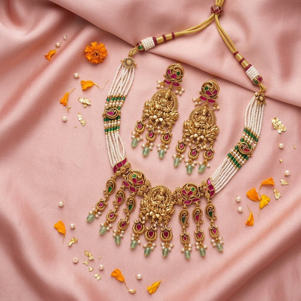 Ruby Green Lakshmi Temple Necklace Set - Tabletop