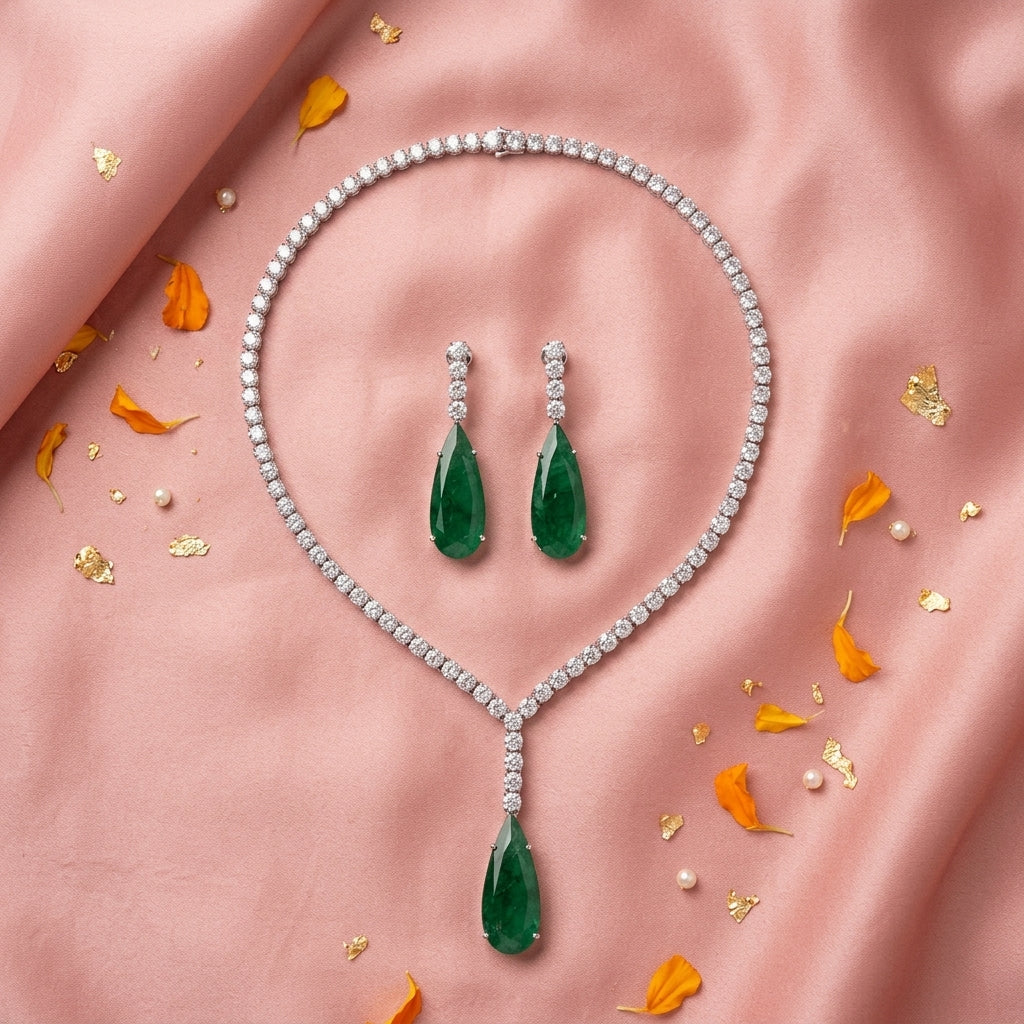 Green and Clear Teardrop Line Necklace Set - Tabletop