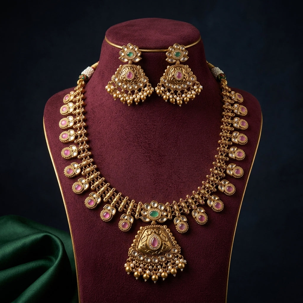 Pink Intricate Triangular Necklace Set - Mannequin