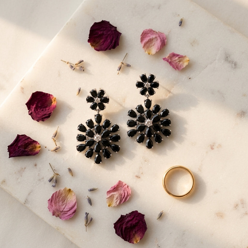 Black Floral Earrings - Tabletop