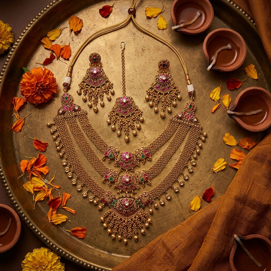 Ruby and Green Floral Antique Necklace Set - Tabletop