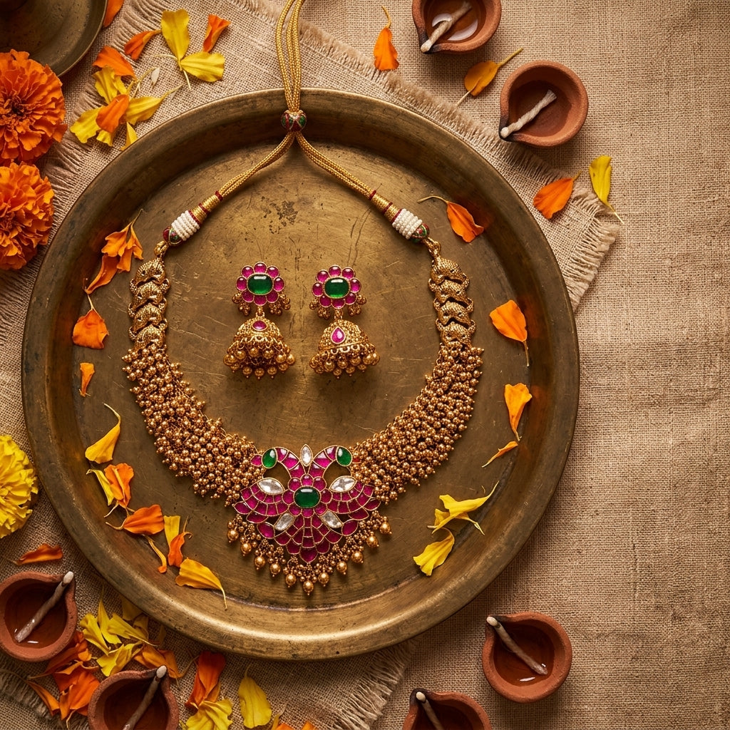Multi Floral Peacock Necklace Set - Tabletop