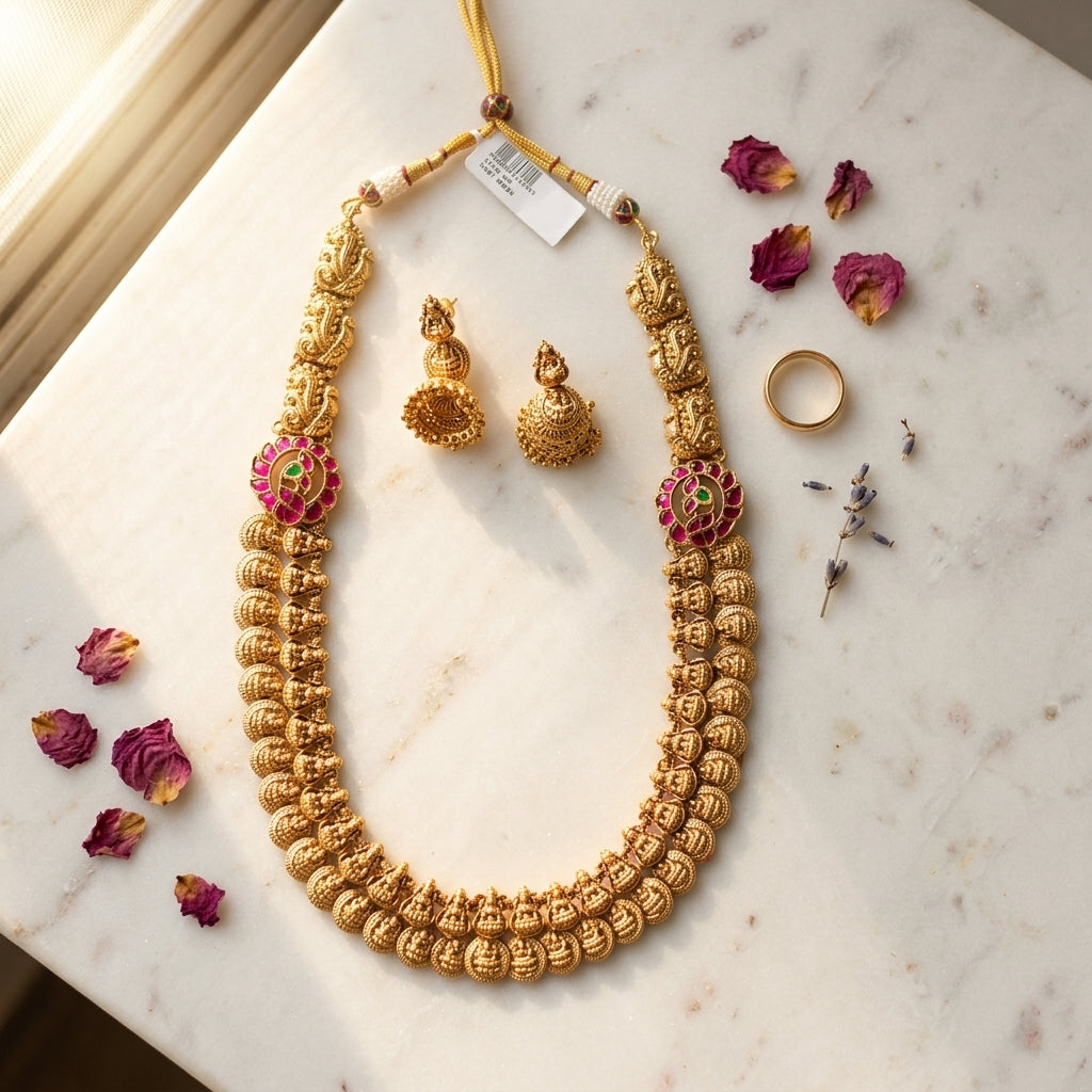 Ruby and Green Lakshmi Coin Temple Necklace Set - Tabletop