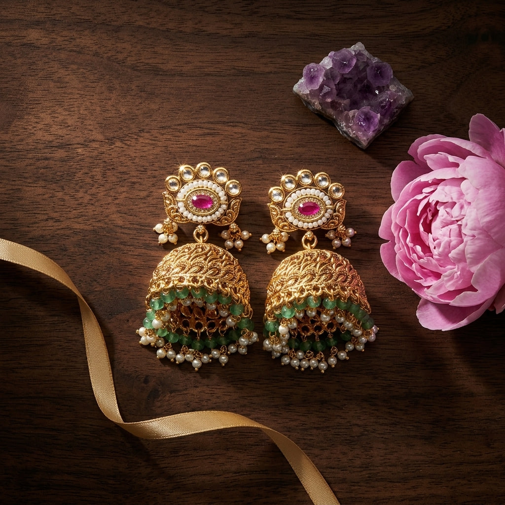 Ruby Embossed Leaf Jhumka Pair - Tabletop