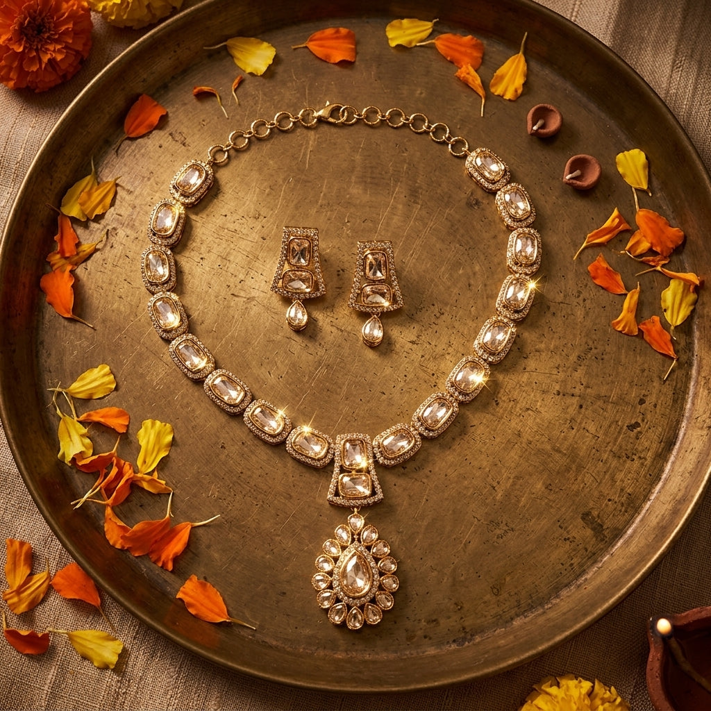 Off-White Uncut Stone Cluster Necklace Set - Tabletop