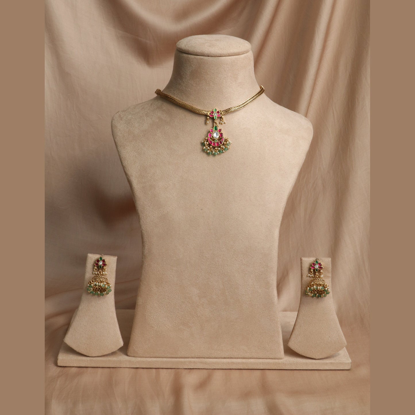 Antique Gold Ruby-Green Stone Choker Set with Jhumka Earrings