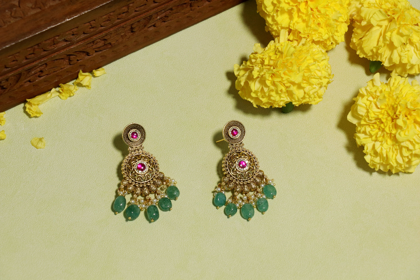 Antique Gold Ruby & Green Beaded Drop Earrings