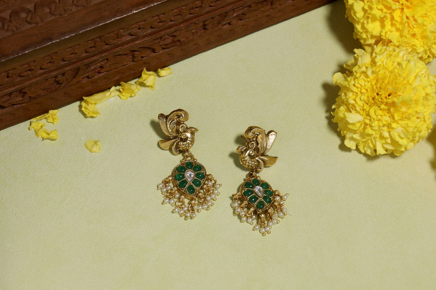 BeautiArt: Antique Gold Peacock Drop Earrings with Green Stone