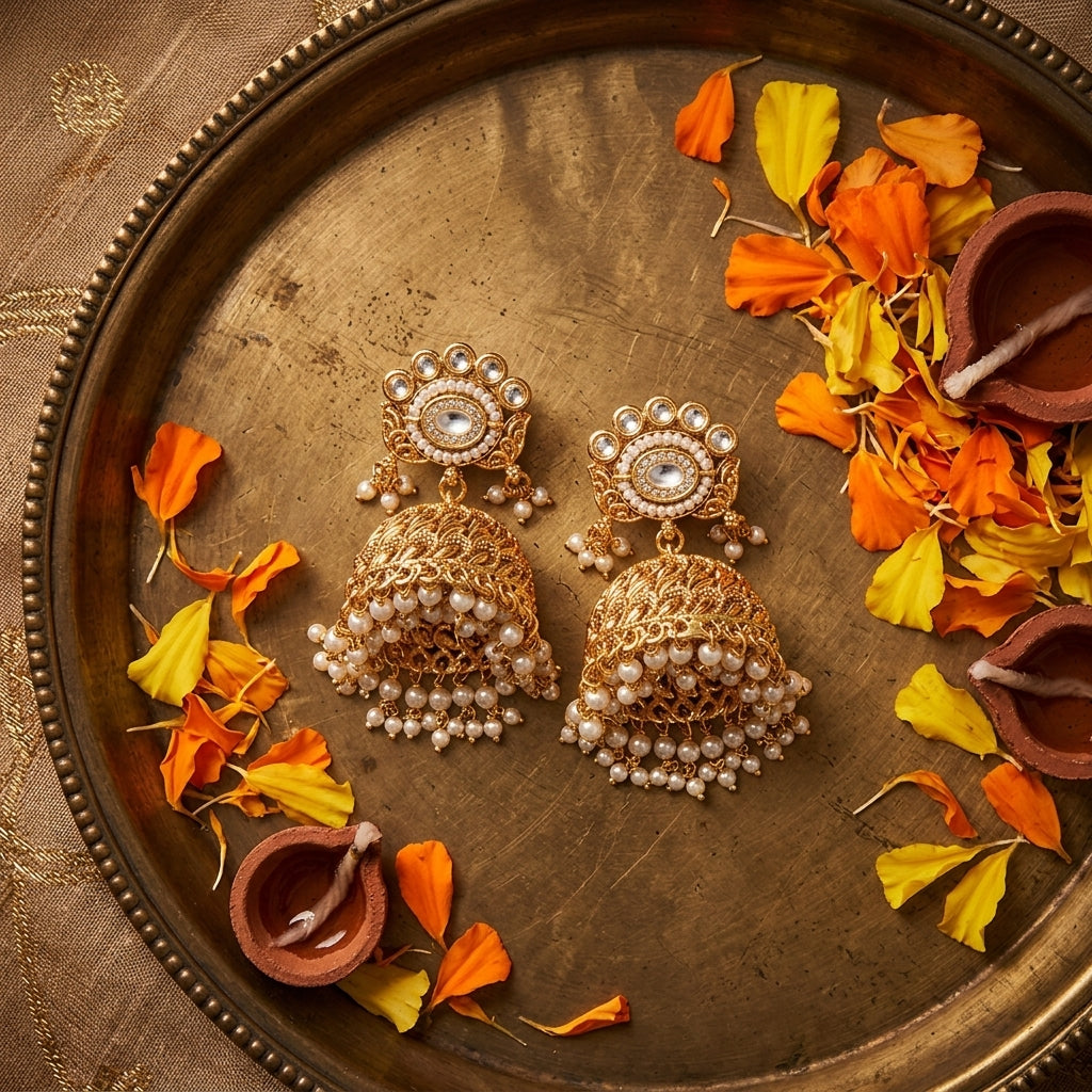 White and Clear Floral Jhumka Pair - Tabletop