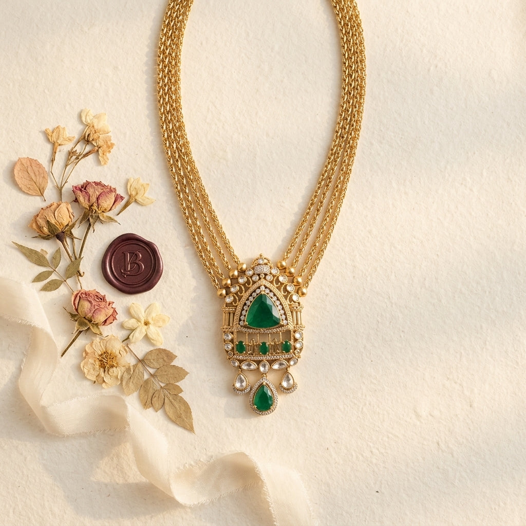 Green Heritage Kundan Necklace Set - Tabletop