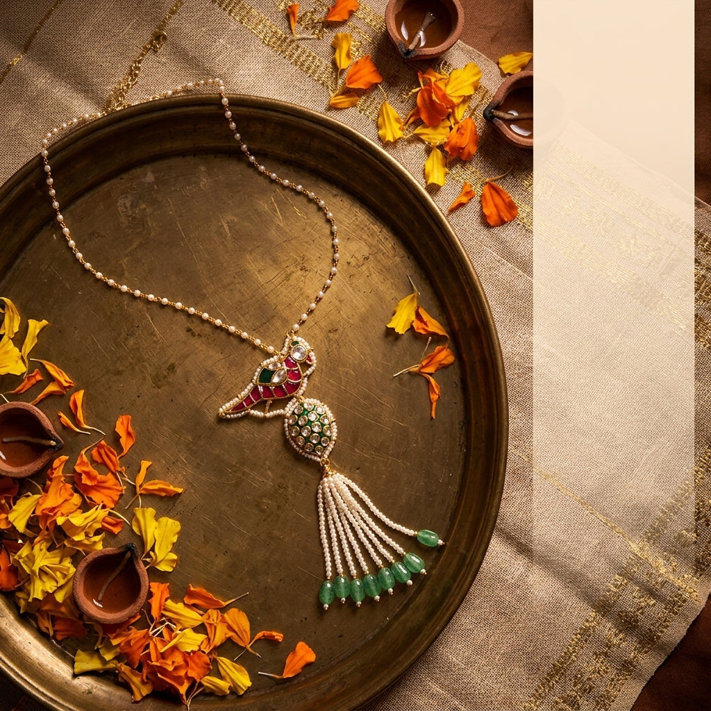 Ruby Green Kundan Floral Necklace Set - Tabletop