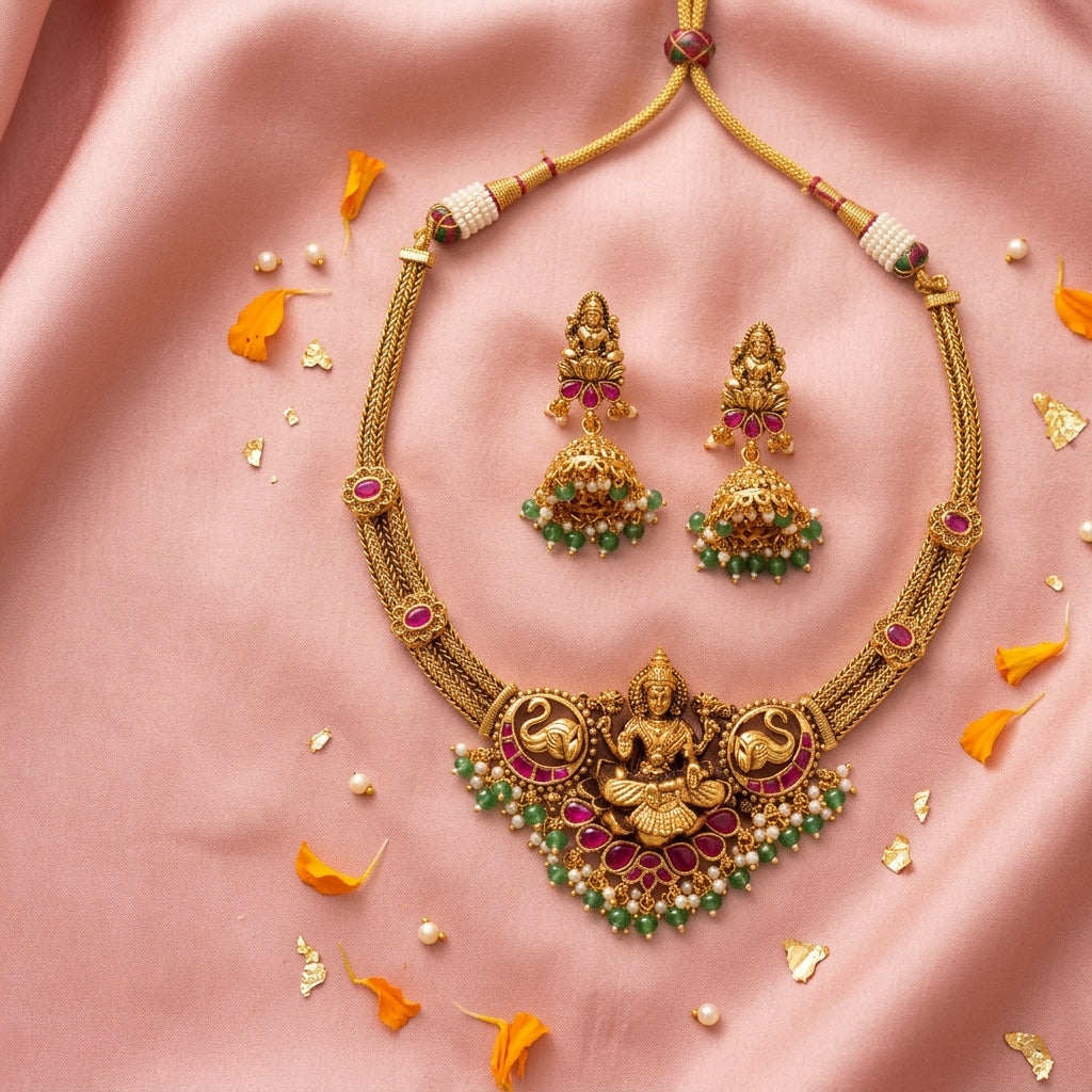 Multi Lakshmi Elephant Temple Necklace Set - Tabletop