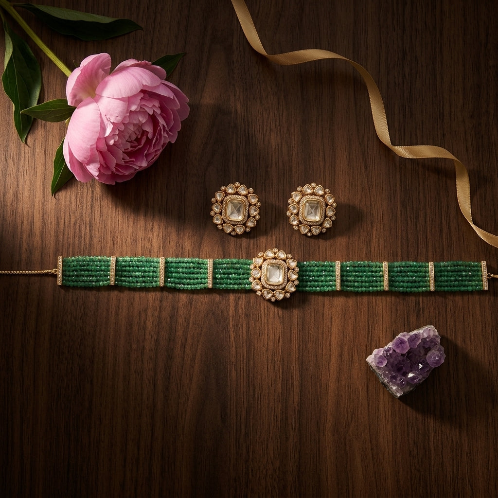 Green White Kundan Choker Set - Tabletop
