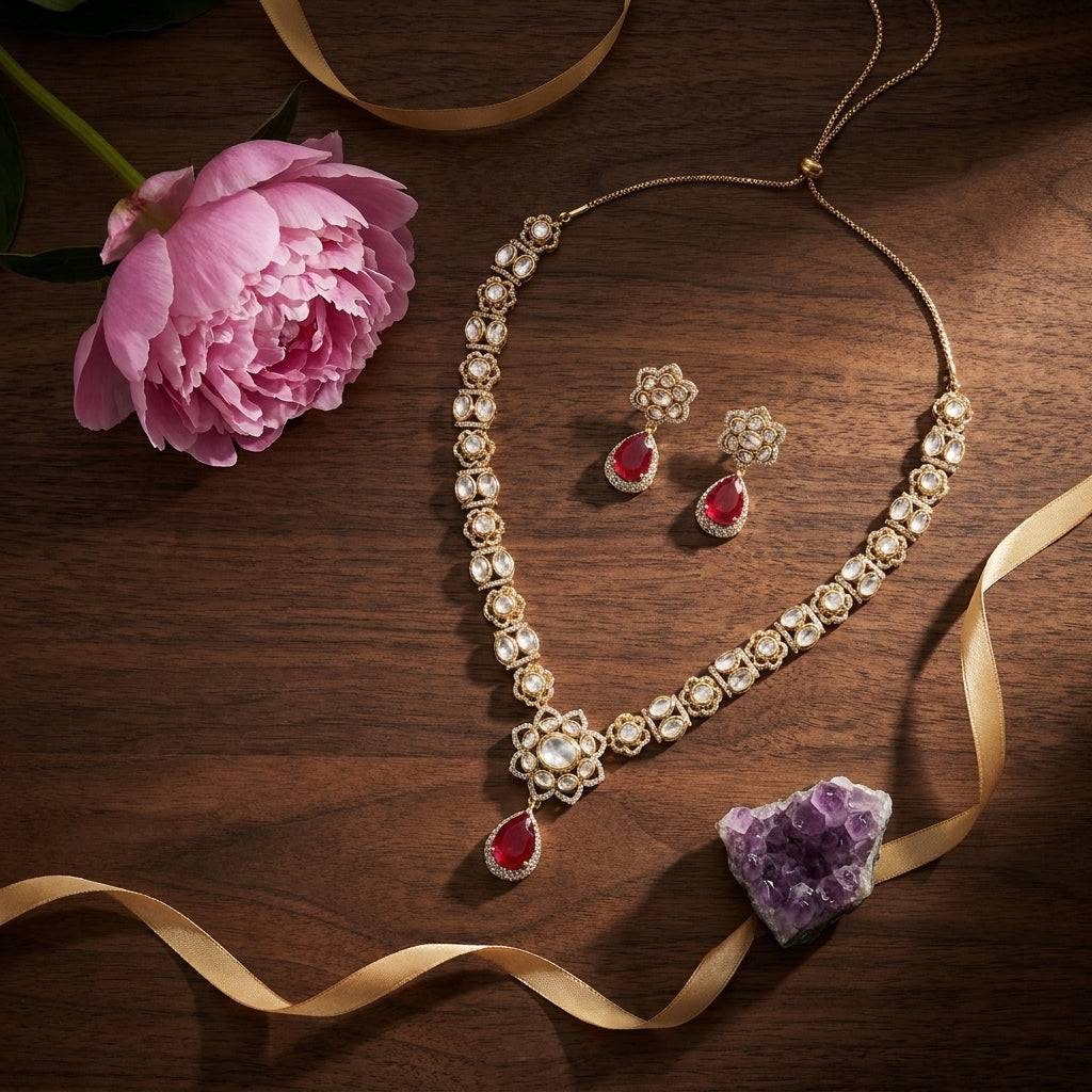 Ruby Red Floral Polki Necklace Set - Tabletop