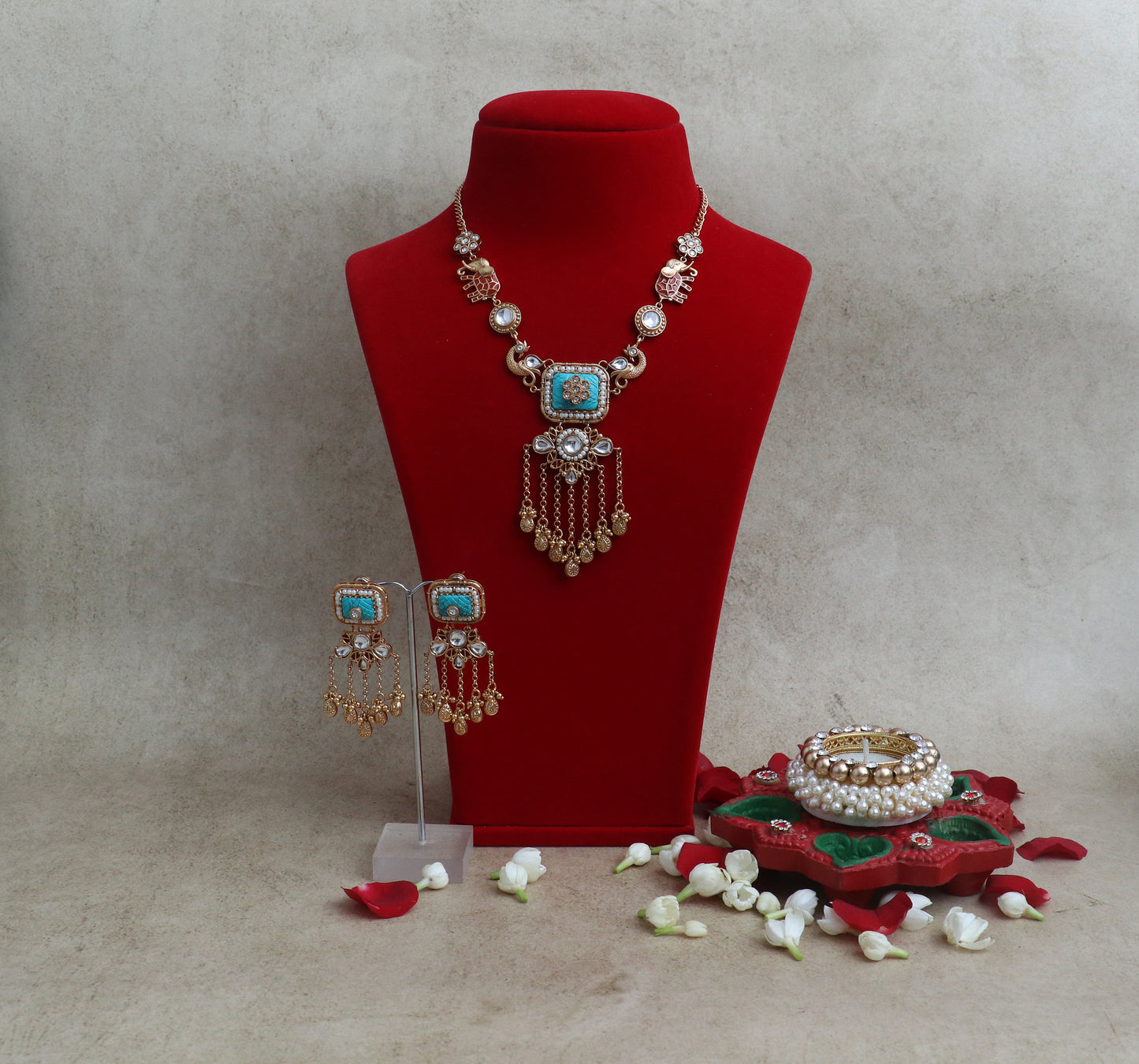Turquoise Enamel Kundan Necklace Set with Pearl Drops