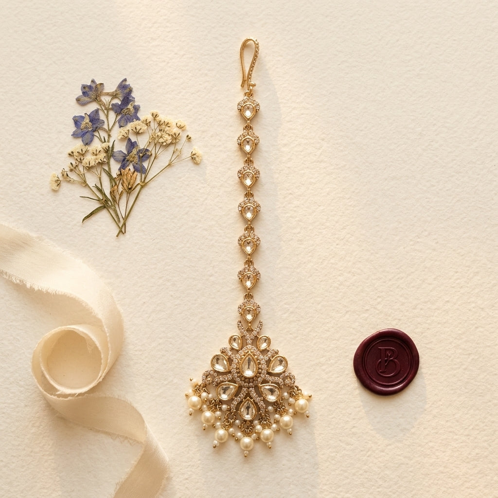 White and Pearl Floral Cluster Maang Tikka - Tabletop