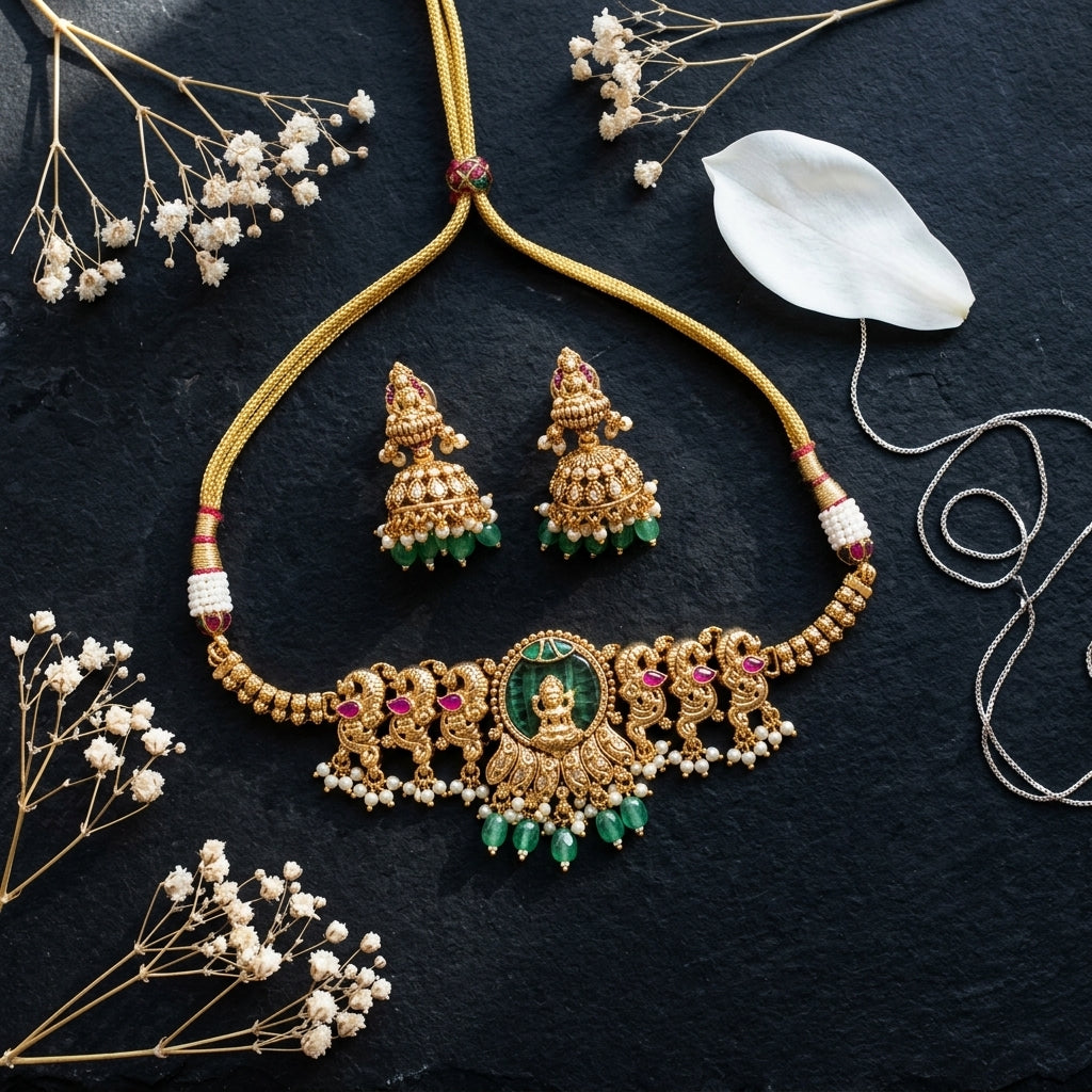 Green Temple Deity Necklace Set - Tabletop
