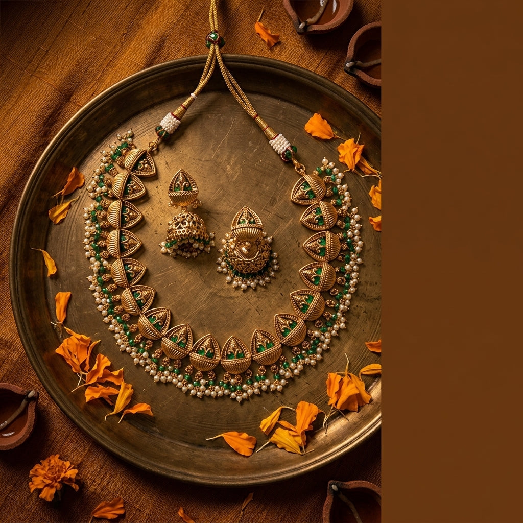 Green and White Stylized Kalash Necklace Set - Tabletop