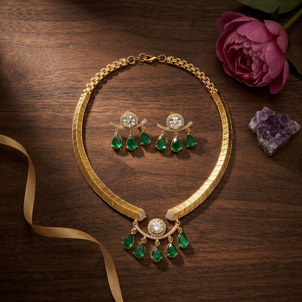 Green and Clear Textured Teardrop Necklace Set - Tabletop