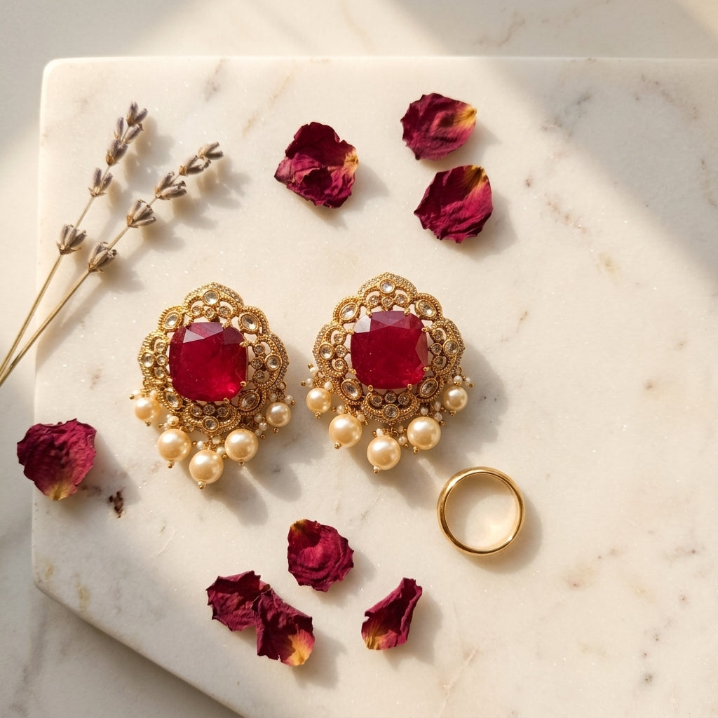Ruby Red Antique Rajwadi Earrings - Tabletop