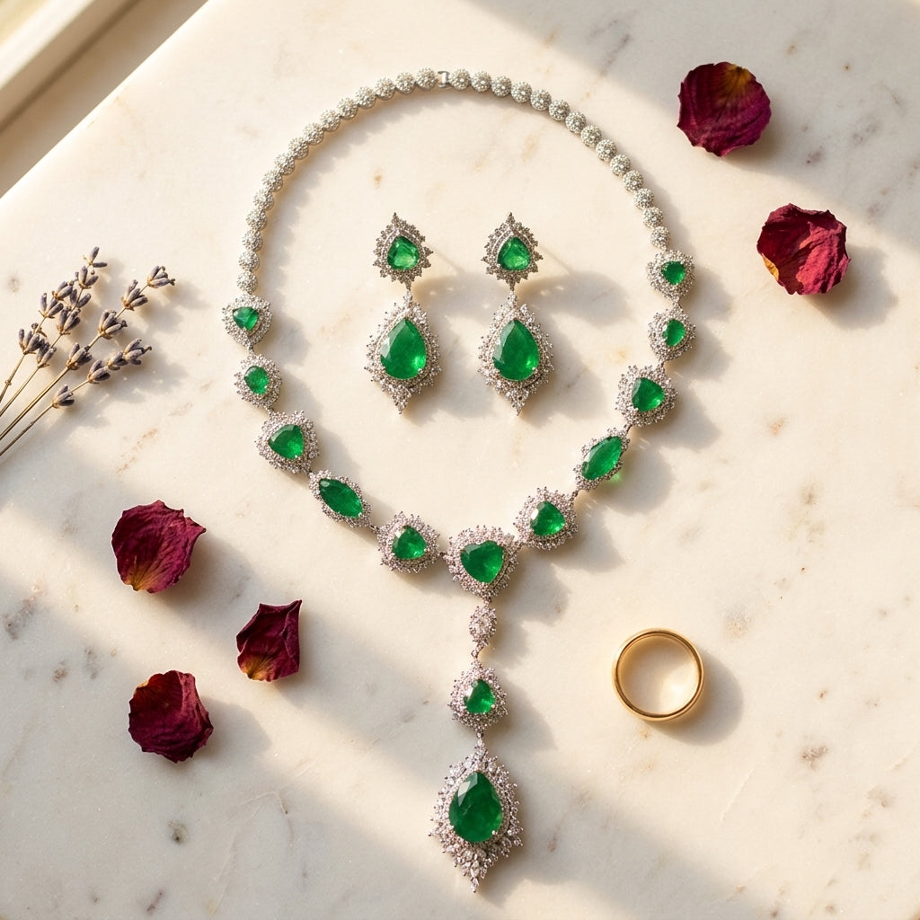 Green and Clear Tear-drop Cluster Necklace Set - Tabletop