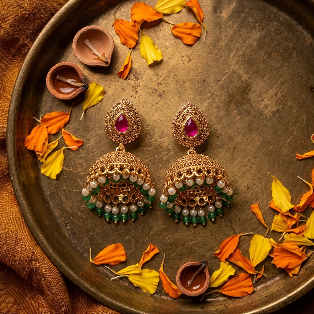 Multi Filigree Jhumka Pair - Tabletop