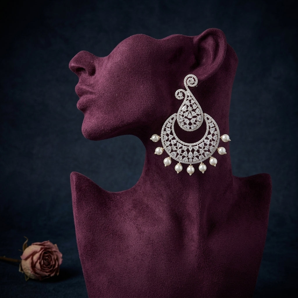 Pearl White Mughal Chandbali Earrings - Mannequin