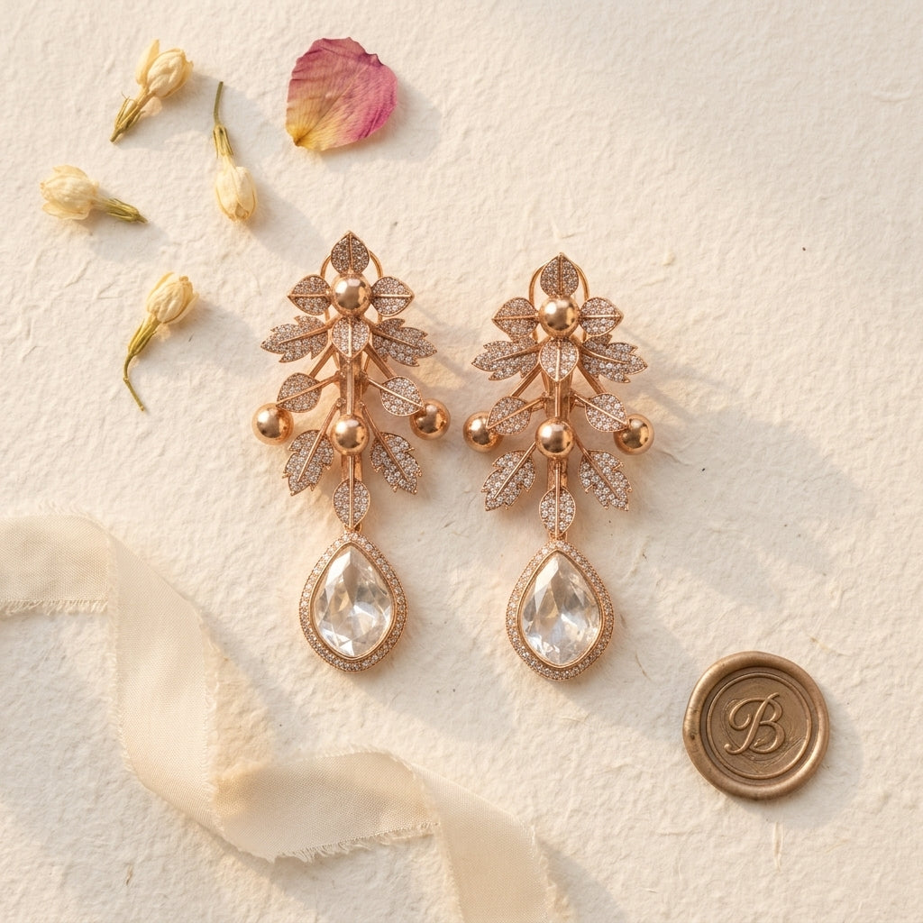 White Floral Branch Drop Earrings - Tabletop
