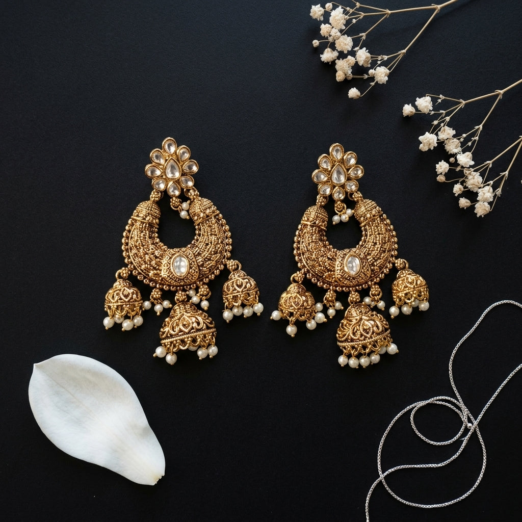 White Floral Chandbali Jhumka Earrings - Tabletop