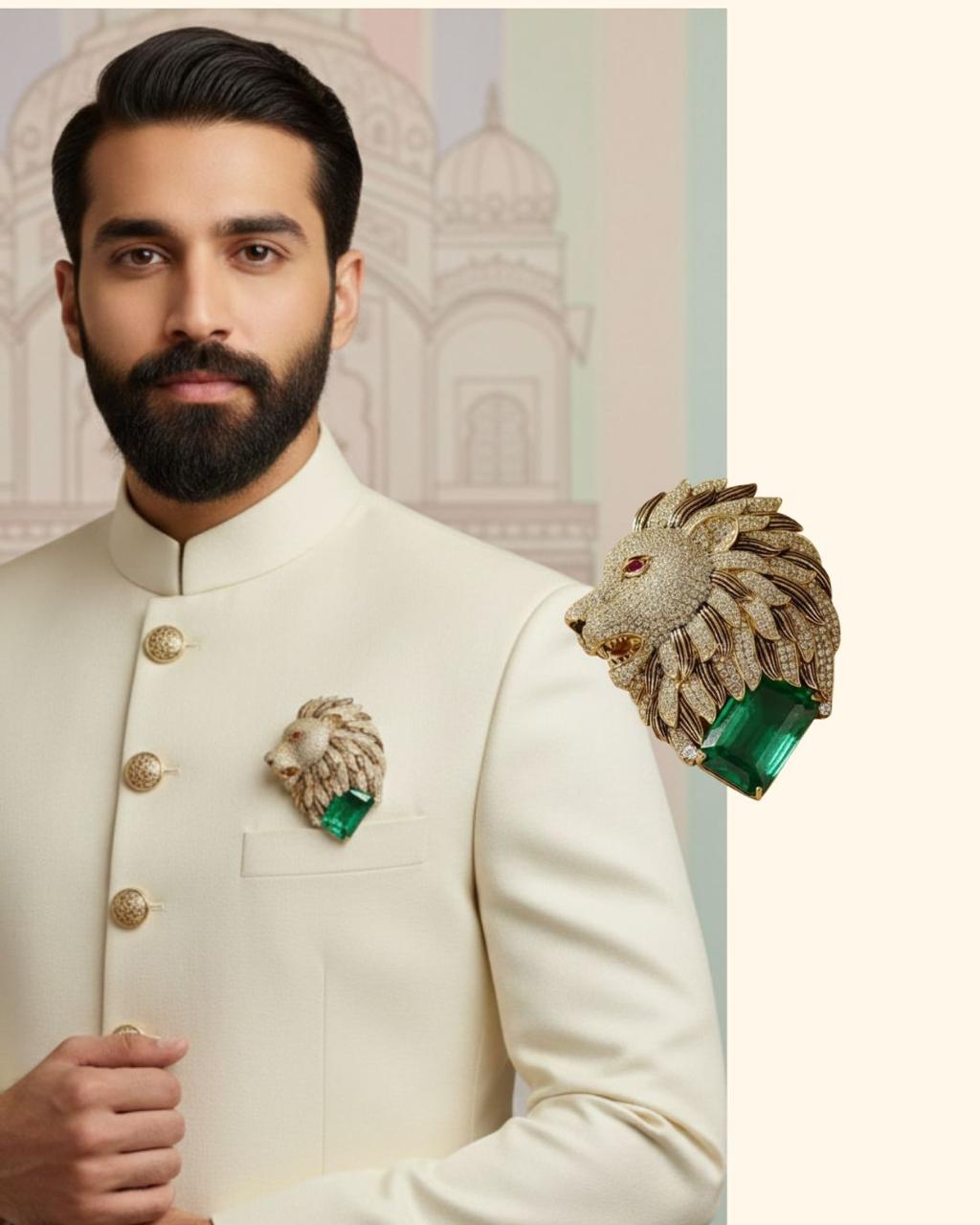 Green and White Lion Head Brooch - Mannequin