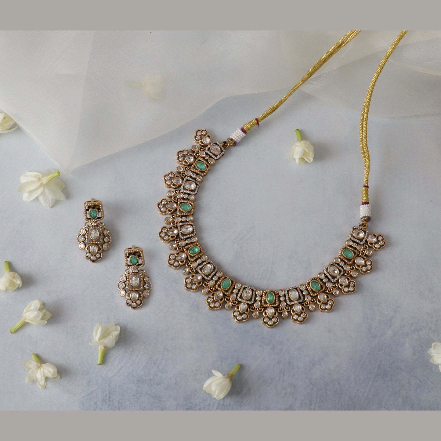 Gold Necklace Set with Mint Green Accents