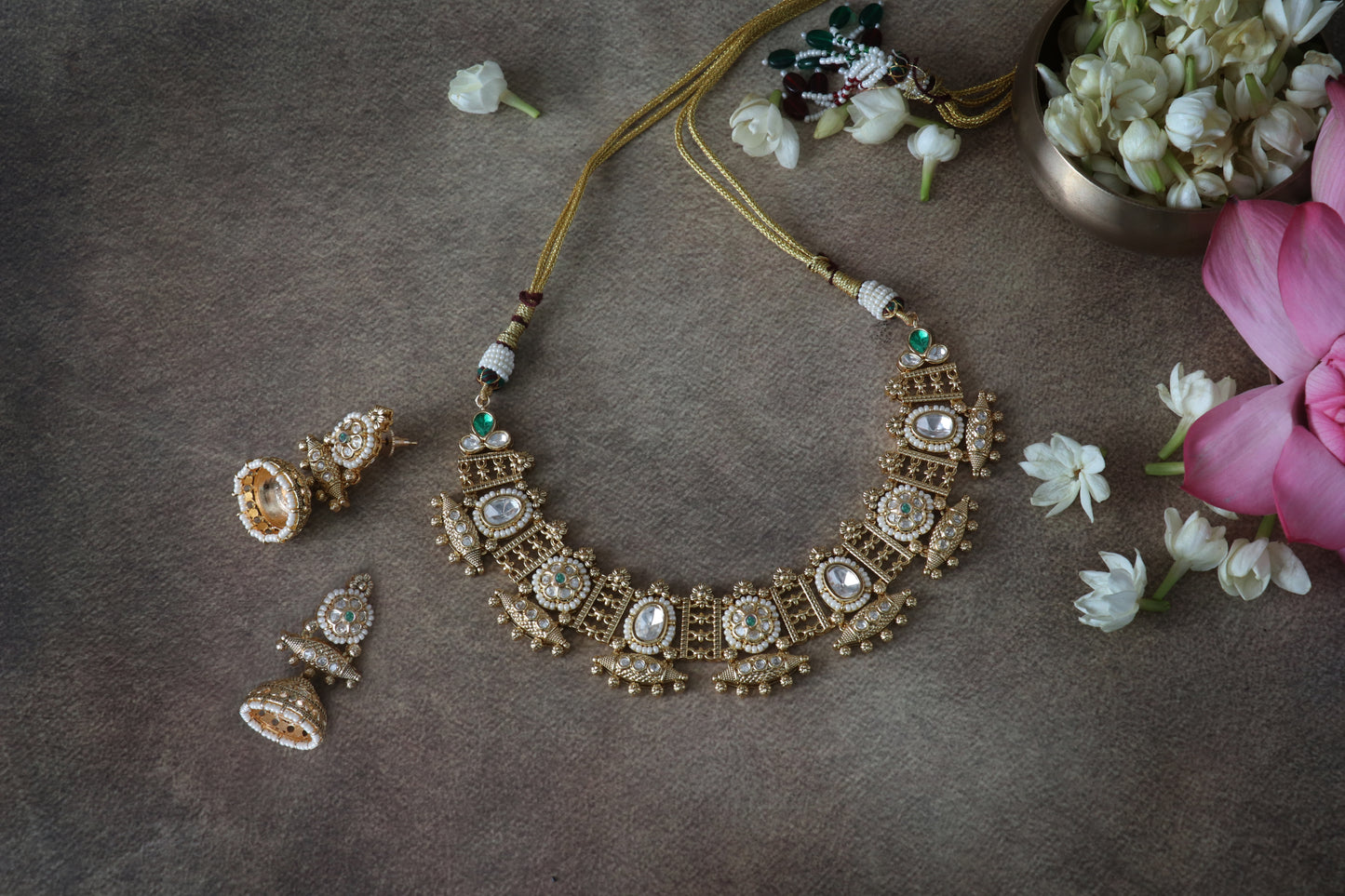 Antique Green Kundan necklace set with Jhumkas