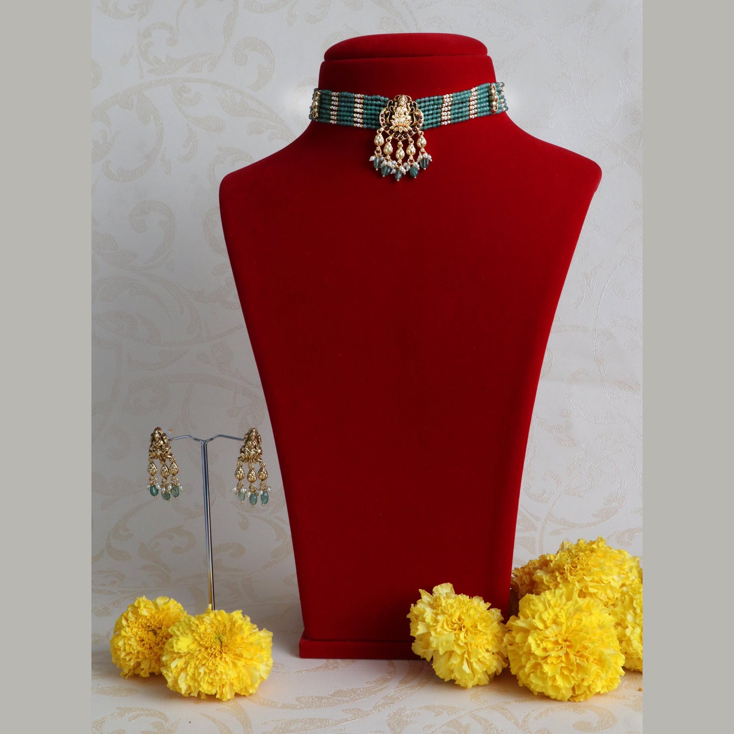 Indian Antique Gold Lakshmi Temple Choker Set - Green