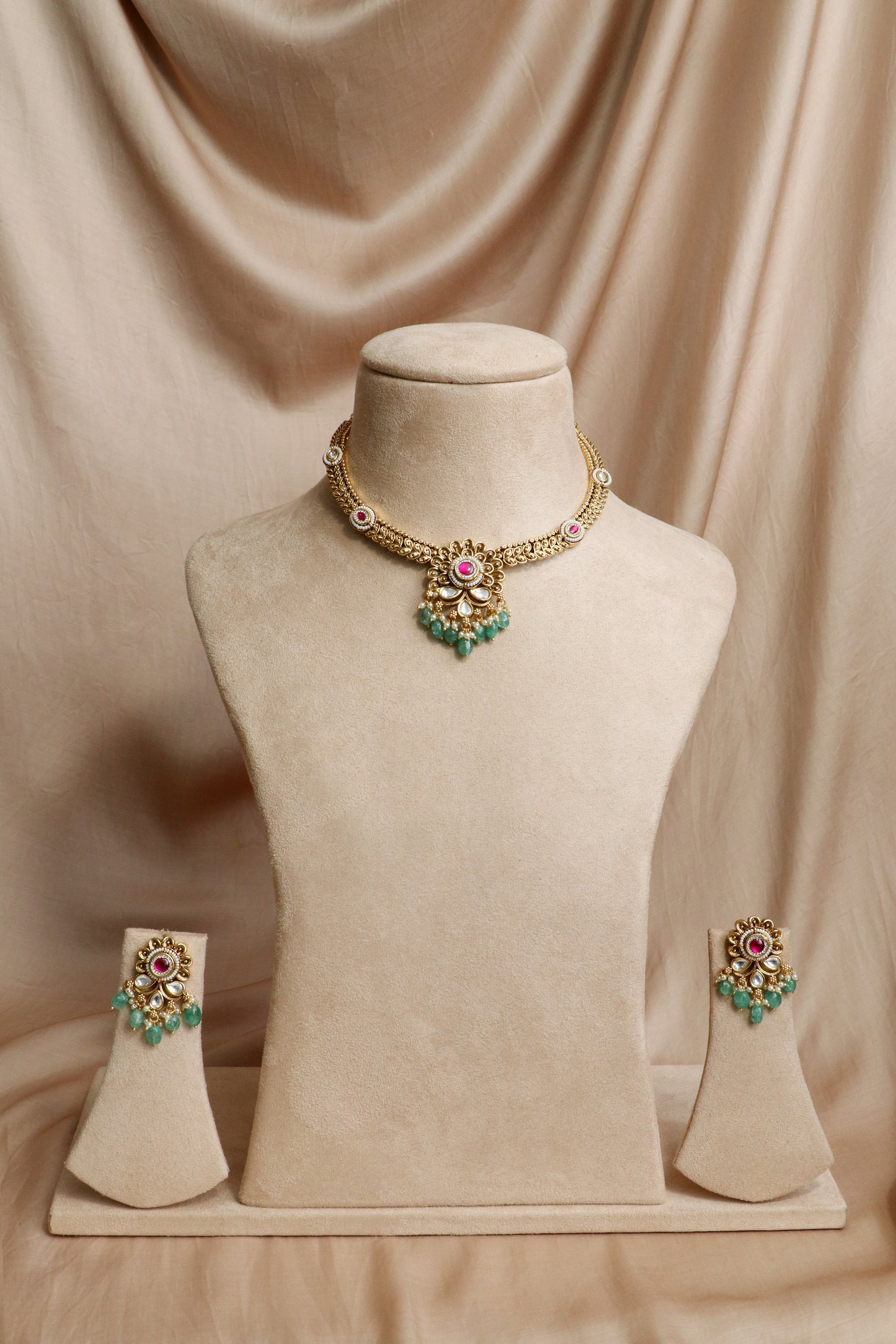 Ruby & Green Beaded Kundan Floral Choker Necklace Set