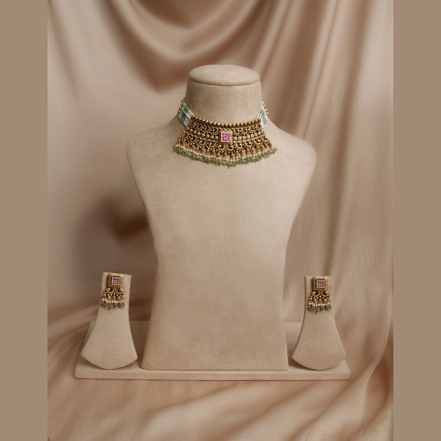 Regal Ruby & Emerald Beaded Kundan Choker with Matching Earrings