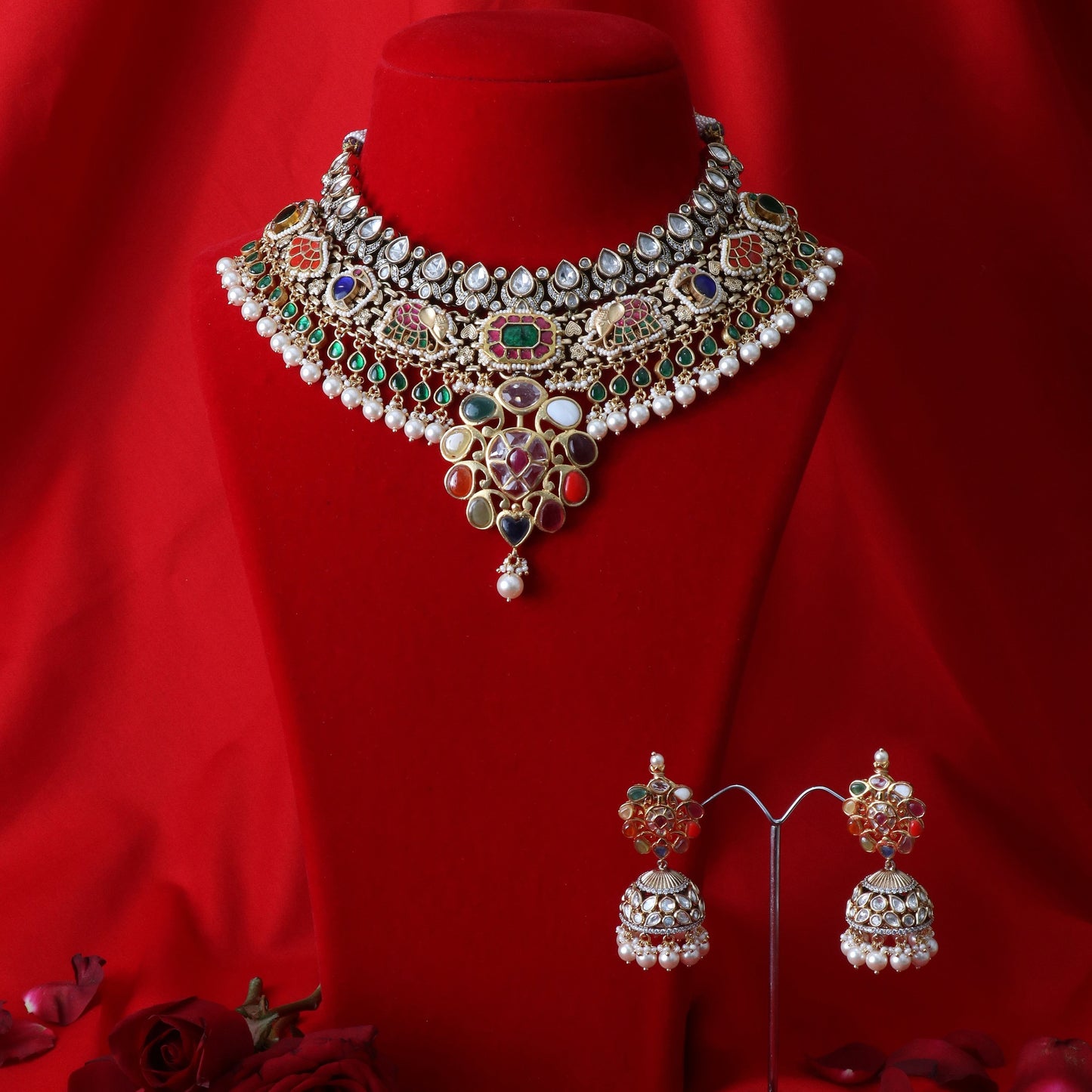 Exquisite Multi-Stone Kundan Bridal Necklace Set with Jhumka Earrings